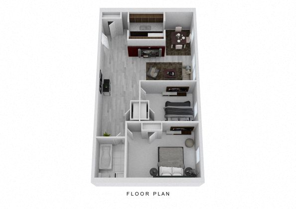 Floor plan for 2 beds, 1 bath, 881 sqft